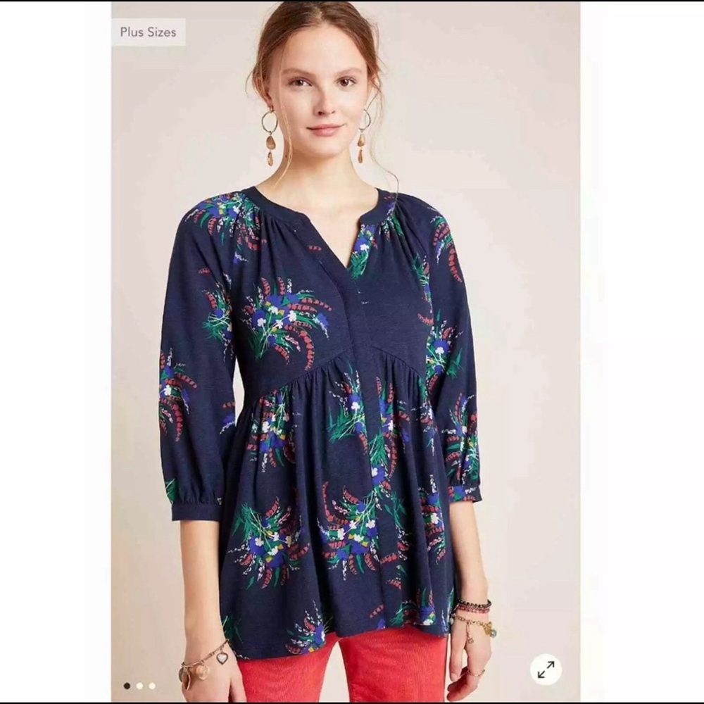 Anthropologie Maeve Floral 3/4 Length Sleeve Tunic Top